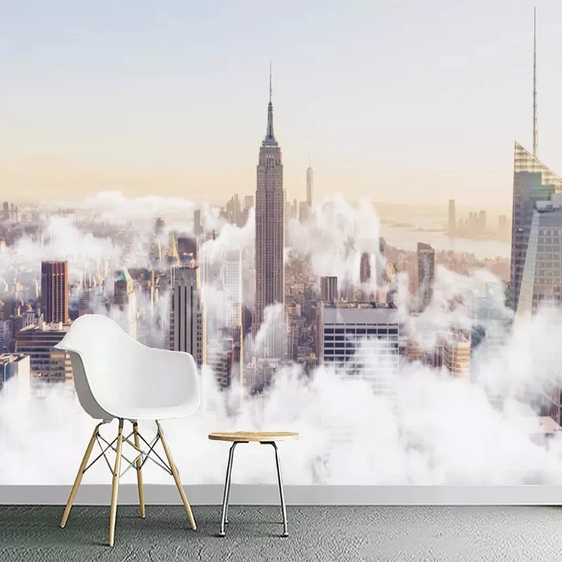 3D Printing Cafe - Gepersonaliseerd fotobehang 3D stadsgebouw wolken muurschildering